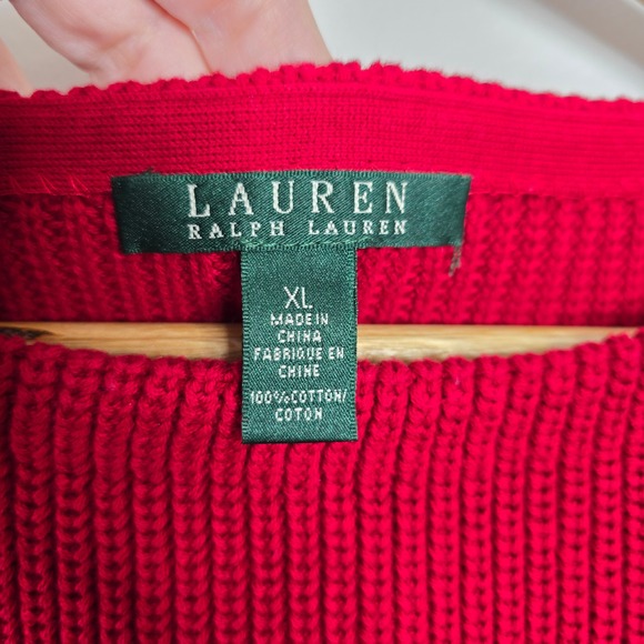 Ralph Lauren Red Ribbed Knit Peplum Sweater Crew Neck Button Shoulder Cotton XL - Picture 5 of 5